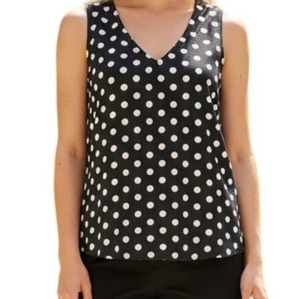 ANTHROPOLOGIE MAEVE‎ Black W/White Polka Dot Jacquard V-Neck Sleeveless Knit Top